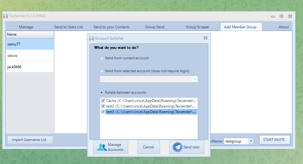 Telegram bulk invite with multiple accounts in rotation using TexSender