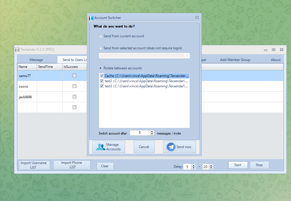 Send bulk Telegram messages with multiple accounts using TexSender
